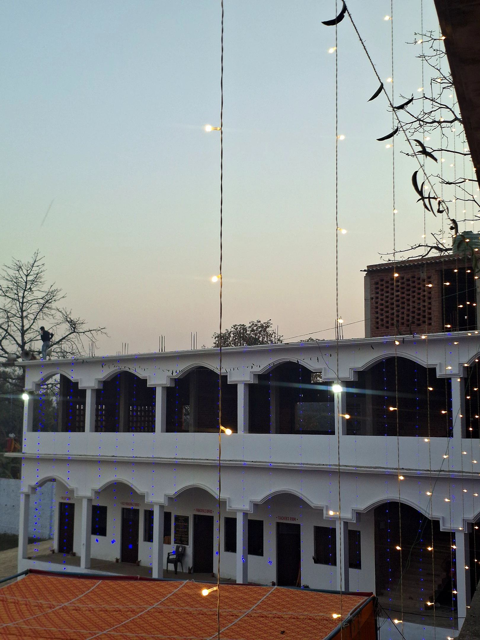 The school building in the evening